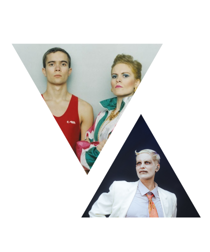 Two triangular photos, one of Karin and Olof, another of Karin performing live as Fever Ray